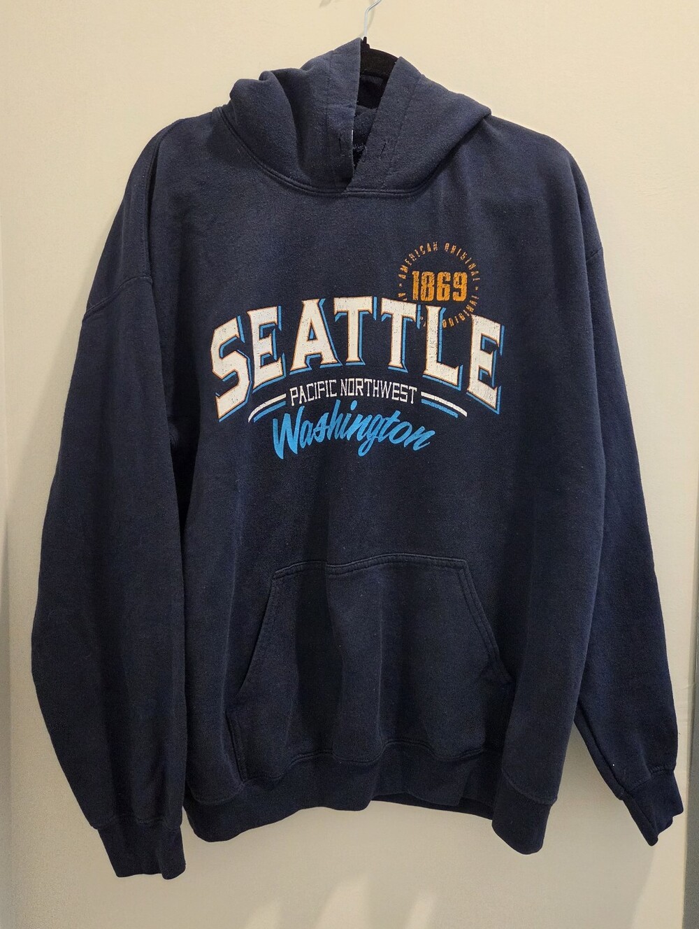Gildan Navy Seattle WA Hoodie with White, Blue, And Orange Graphic